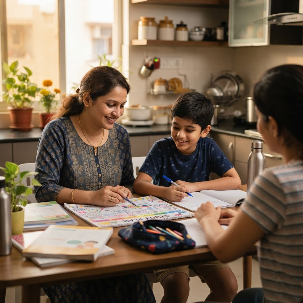 A parent and student reviewing a weekly learning plan at home