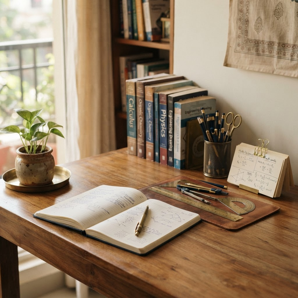A study desk with an open notebook, textbooks and stationery ready for a tuition session